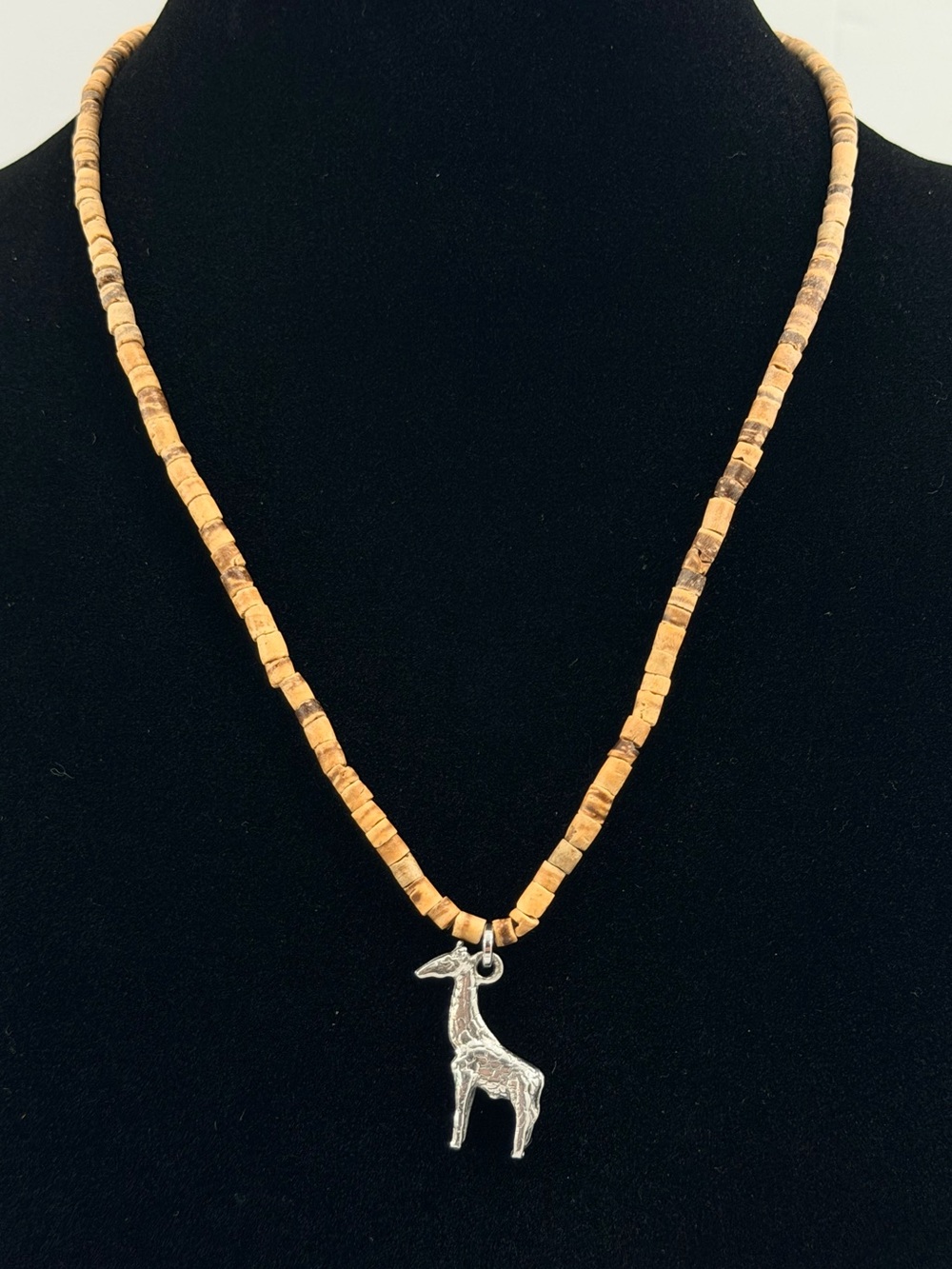 VTG 925 Sterling Silver Giraffe Pendant Heishi Wood Bead Boho Necklace 16"